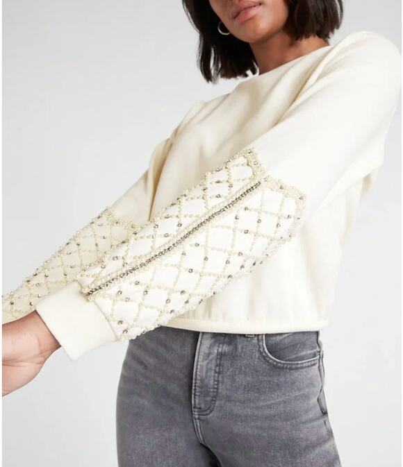 Express Tops - NEW Express Embellished Sweatshirt Womens S Ivory Rhinestone & Faux Pearl Crew